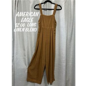 American Eagle Linen Wide Leg Overalls-Sz 00L -Caramel Brown-EUC